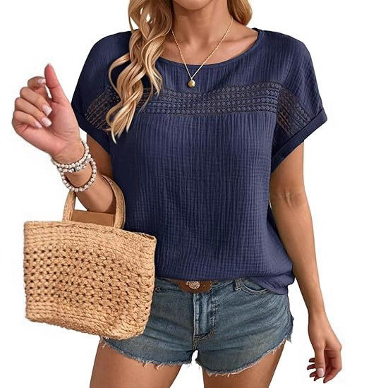 Hollow-Out Crew Neck Casual T-Shirt
