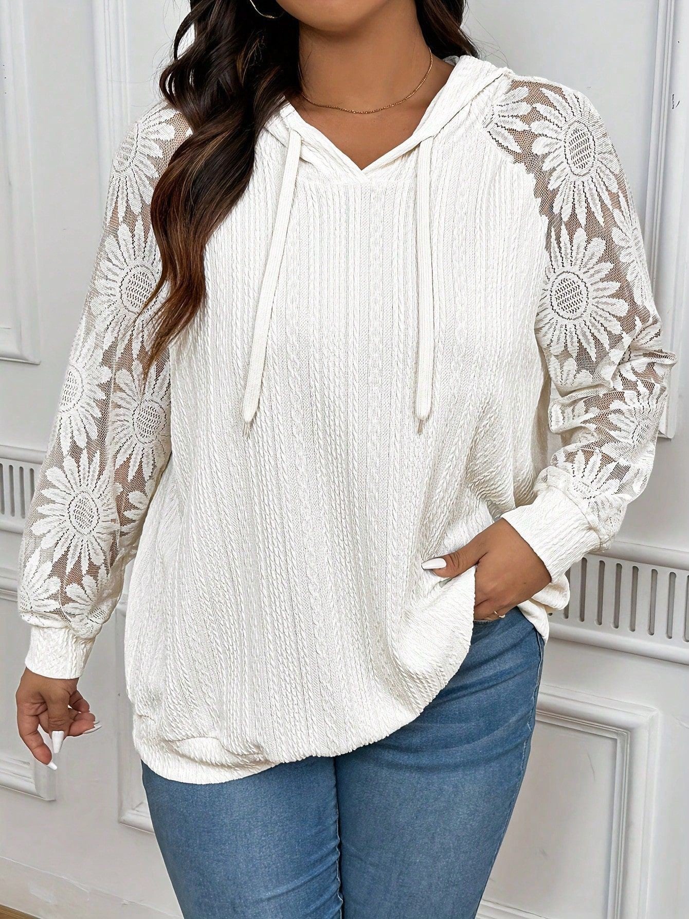 Lace Panel Hollow Long Sleeve Pullover