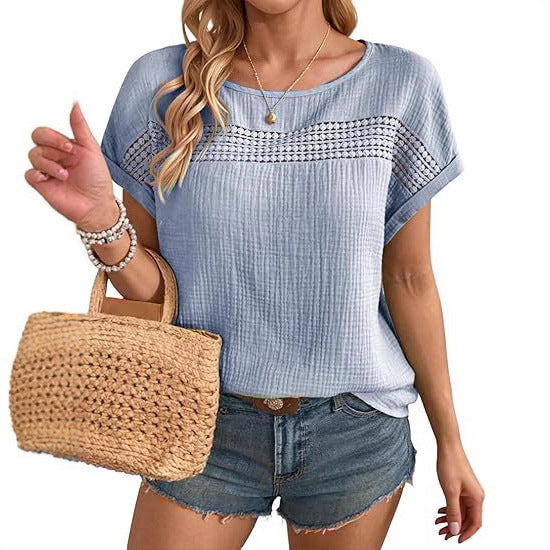 Hollow-Out Crew Neck Casual T-Shirt